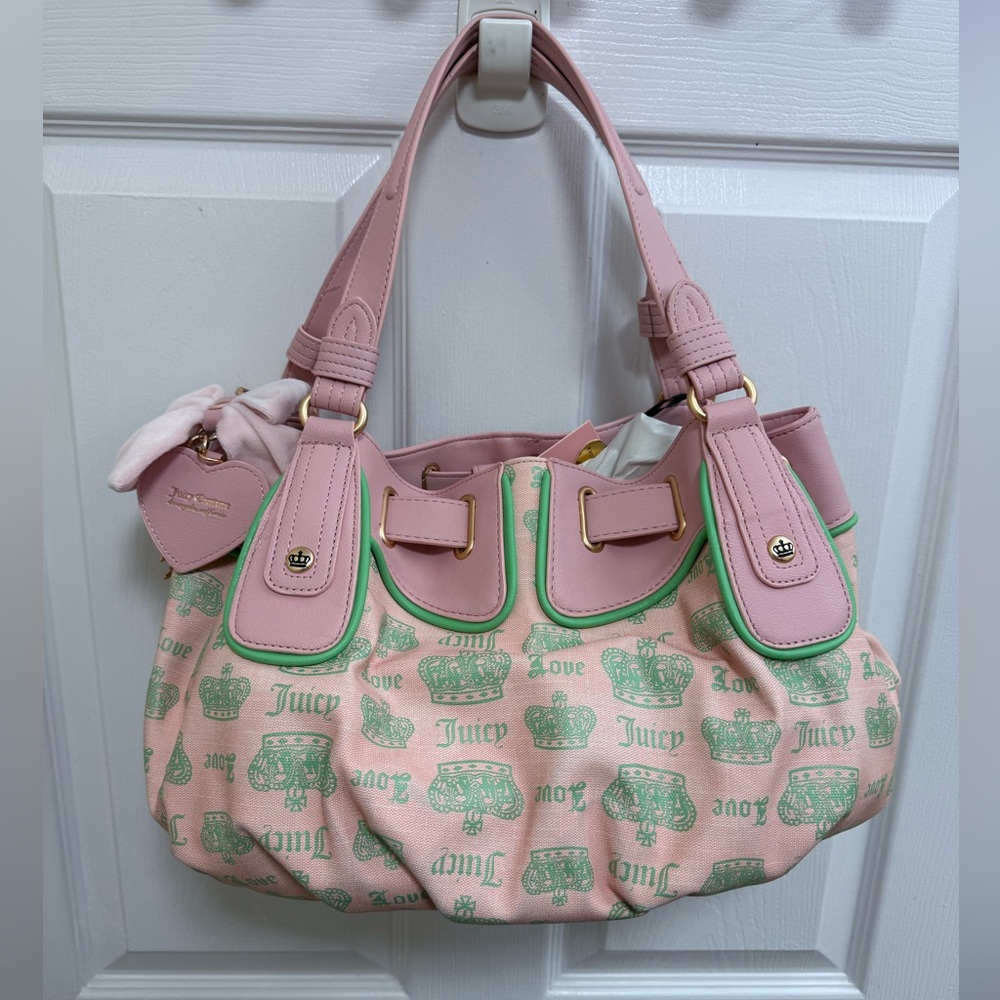 Juicy Couture Pink Satchel with Mint Green Logo Print